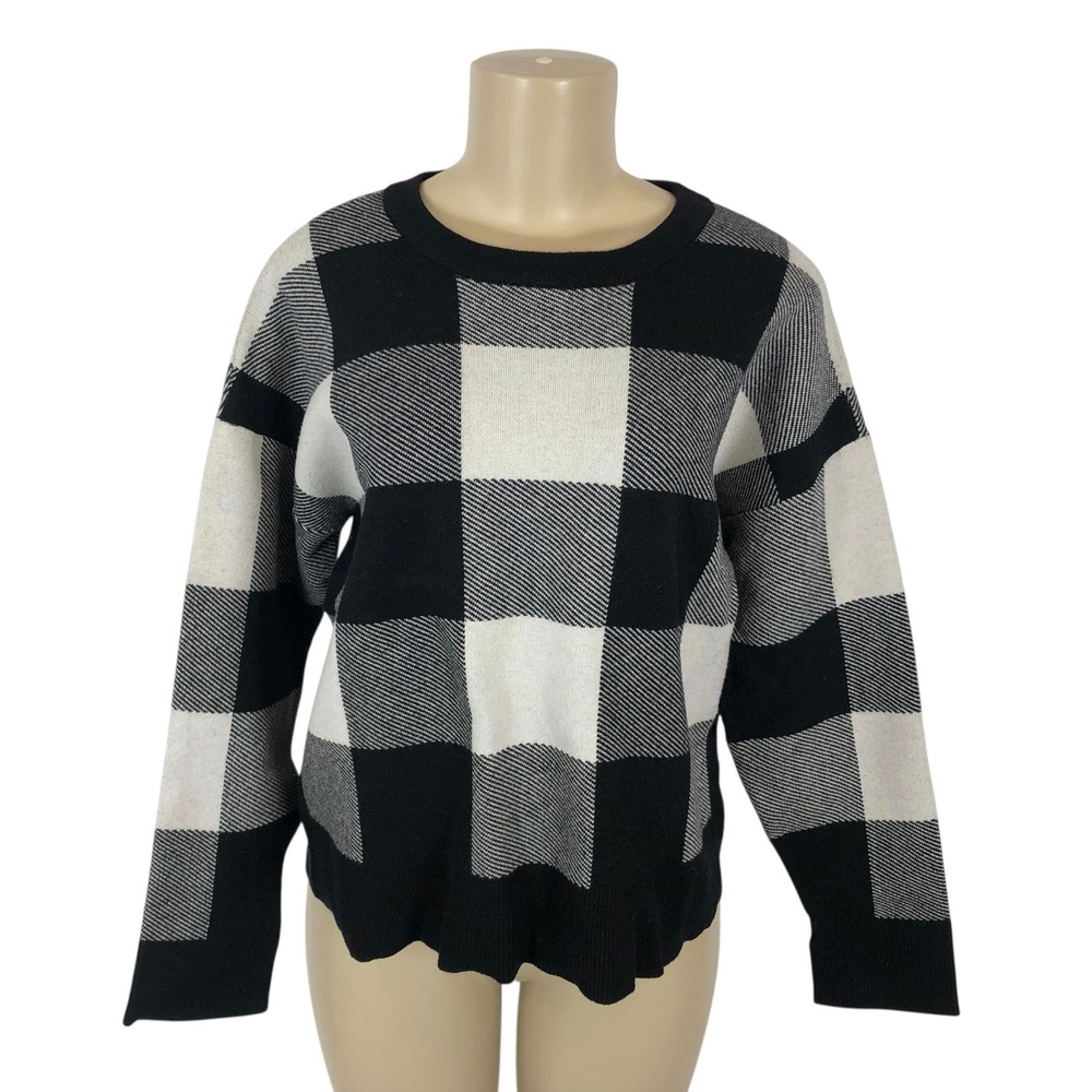 DKNY Chunky Plaid Checker Print Oversized Knit Sweater Size‎ L Preppy Academia